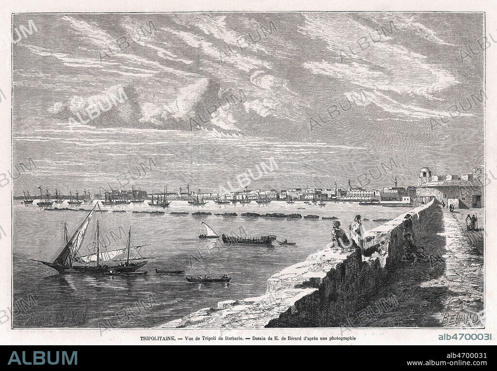 Tripolitaine. Vue de Tripoli de Barbarie. Illustration de Evremont de BERARD (1824-1881) pour Promenades dans la Tripolitaines par le Baron de KRAFFT repris dans Le Tour du Monde de 1861. Credit : Collection Kharbine-Tapabor.