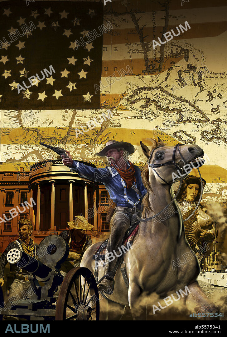 General George Armstrong Custer on a horse, with White house in background.