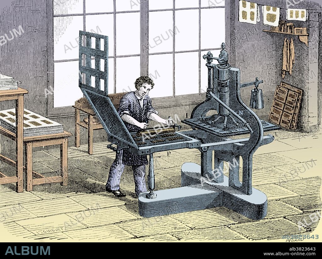 Around 1800 Charles Stanhope, 3rd Earl Stanhope, built the first printing press entirely out of iron. The increased rigidity resulting from the iron, rather than wood construction, further improved the efficiency of the press. Output increased only modestly, from an average of 200 sheets per hour on a wooden hand press to around 250 sheets per hour printing on both sides of the paper on a Stanhope press, with two men working the press. He did not patent his press, and the precise year of its origin is unknown. The earliest surviving example is dated 1804. Early models had straight side frames which were prone to breaking due to the immense pressure that could be exerted. These castings were changed in about 1806 to the heavier rounded style. In this form the press continued to be manufactured into the mid 19th century, and remained in use to a limited extent into the late 19th century. This image has been color-enhanced.