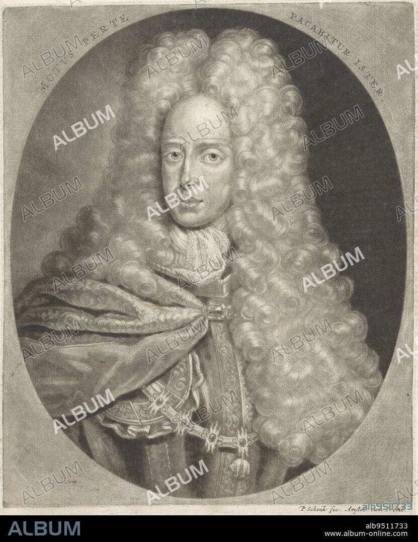 Portrait of Joseph I, Emperor of the Holy Roman Empire and King of Hungary Around his neck a chain with the sign of the Order of the Golden Fleece He wears a long curly wig, Portrait of Emperor Joseph I, print maker: Pieter Schenk (I), (mentioned on object), publisher: Pieter Schenk (I), (mentioned on object), anonymous, (mentioned on object), Amsterdam, 1690 - 1713, paper, engraving, h 248 mm × w 179 mm.