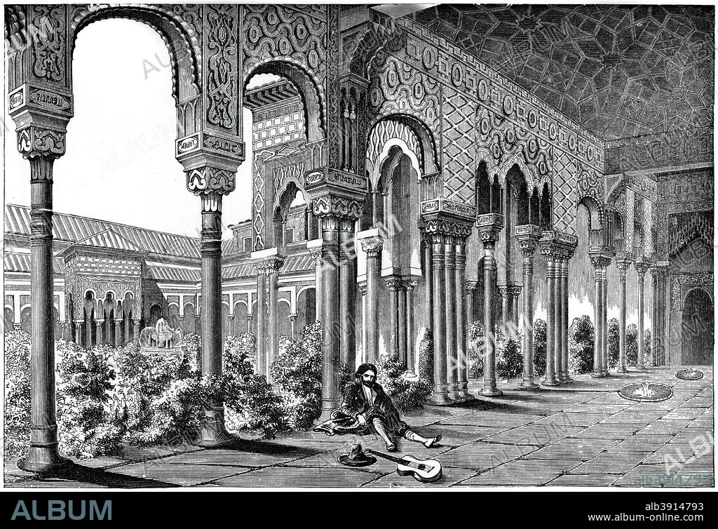 The Alhambra Palace, Granada, Spain, (1870). View of colonnades and courtyard in the fortress palace of the Moorish kings, built 13th- to 14th-century. An engraving from The Arts of the Middle Ages and at the Period of the Renaissance, by Paul Lacroix, (London, 1870).