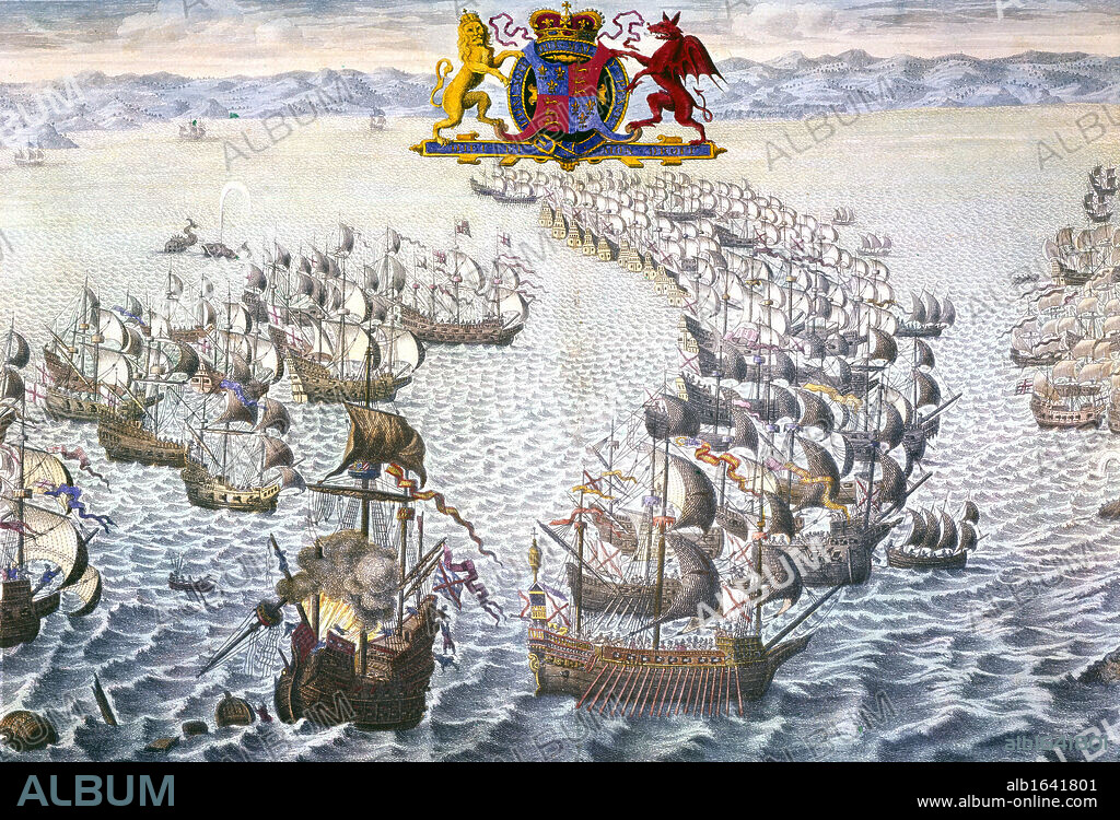 The Spanish Armada: The Spanish fleet under the Duke of Medina Sidonia sailed against England in 1588. The Royal coat of arms shows the English Lion and the Welsh Dragon representing the Tudor element of the monarchy.