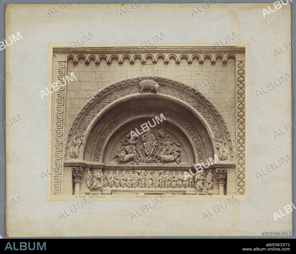 Timpanum of the Abbey of Charlieu, Art Roman - Charlieu (Loire) - Ensemble du tympan du portail. (title on object), Adolphe Giraudon (mentioned on object), publisher: Adolphe Giraudon (mentioned on object), Charlieu, publisher: Paris, c. 1875 - c. 1900, cardboard, albumen print, height 205 mm × width 261 mm.
