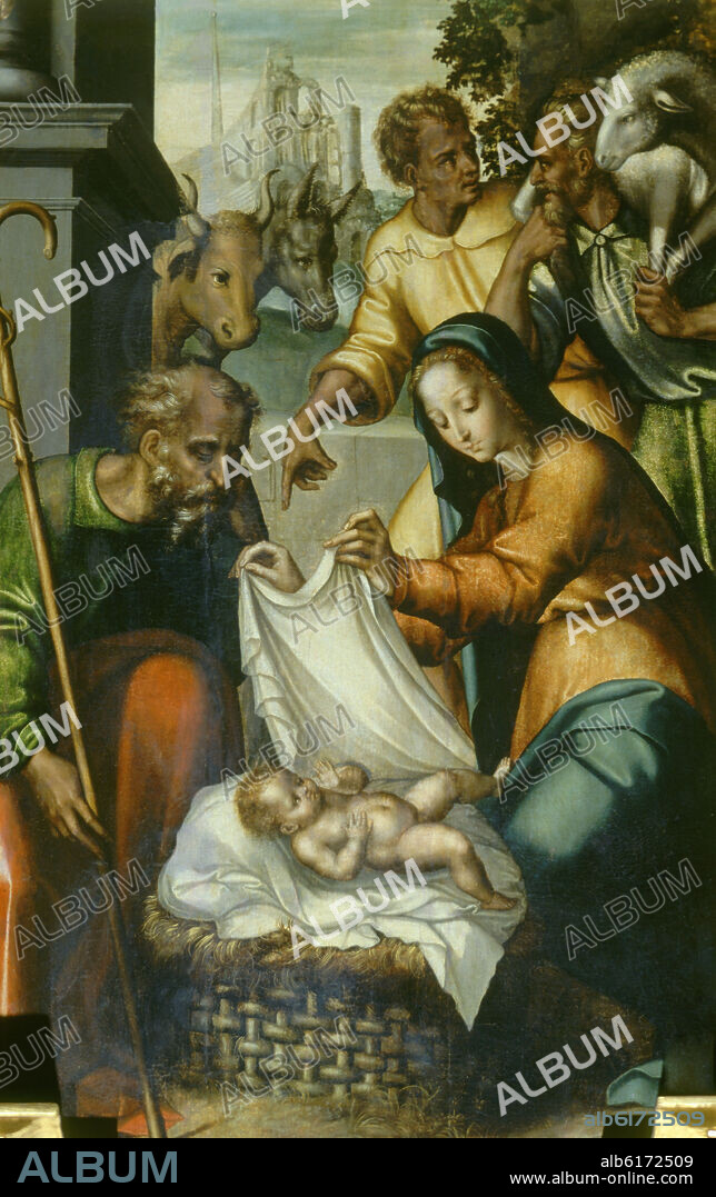 LUIS DE MORALES 1510/1586 EL DIVINO MORALES. RETABLO MAYOR - DETALLE DE LA ADORACION DE LOS PASTORES - SIGLO XVI.