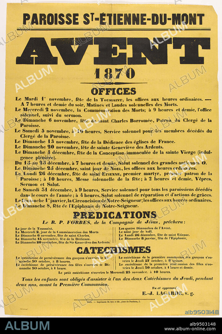 PARISH ST-ETIENNE-DU-MONT ADVENT 1870 OFFICES, Imprimerie De Soye et fils, Imprimeur, En 1870, Arts graphiques, Manuscrits, imprimés, reliure, Affiche, Typographie = typographic impression, Height: 61.6 cm, Width: 42.3 cm.