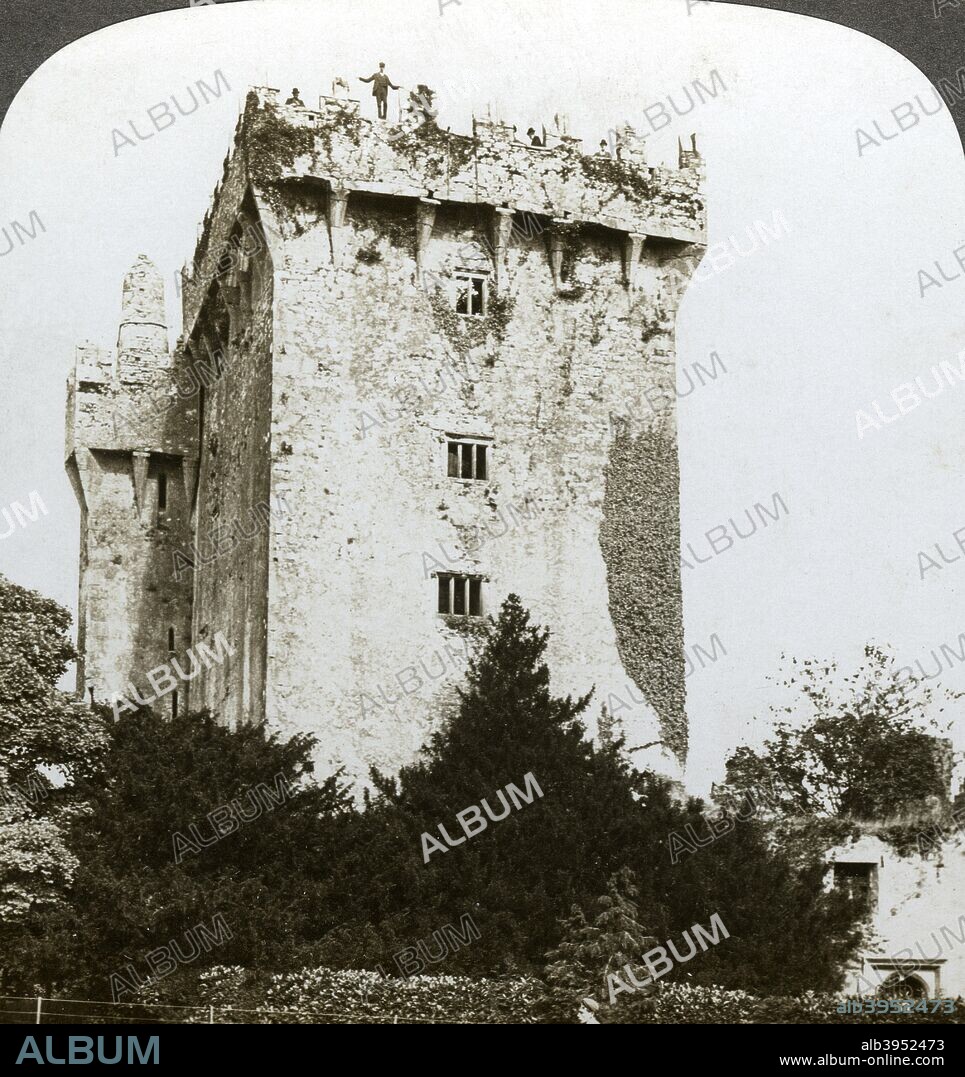 Blarney Castle, Cork, Ireland. The castle, near Cork, is the home of the 'Blarney Stone', believed to bestow the gift of eloquence when kissed. The original castle dated from before 1200 but was destroyed in 1446. The building seen today was built by Cormac MacCarthy, King of Munster. Stereoscopic card detail.