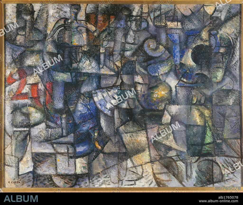 CARLO CARRÀ. Rhythms of Objects, by Carlo Carr, 1911, 20th Century, oil on canvas, cm 53 x 67. Italy, Lombardy, Milan, Brera Art Gallery, Jesi Collection. All. Rhythm objects gray red blue. Authorization required for non editorial use.  Please remember that author's rights have to be cleared for modern and contemporary works of arts.