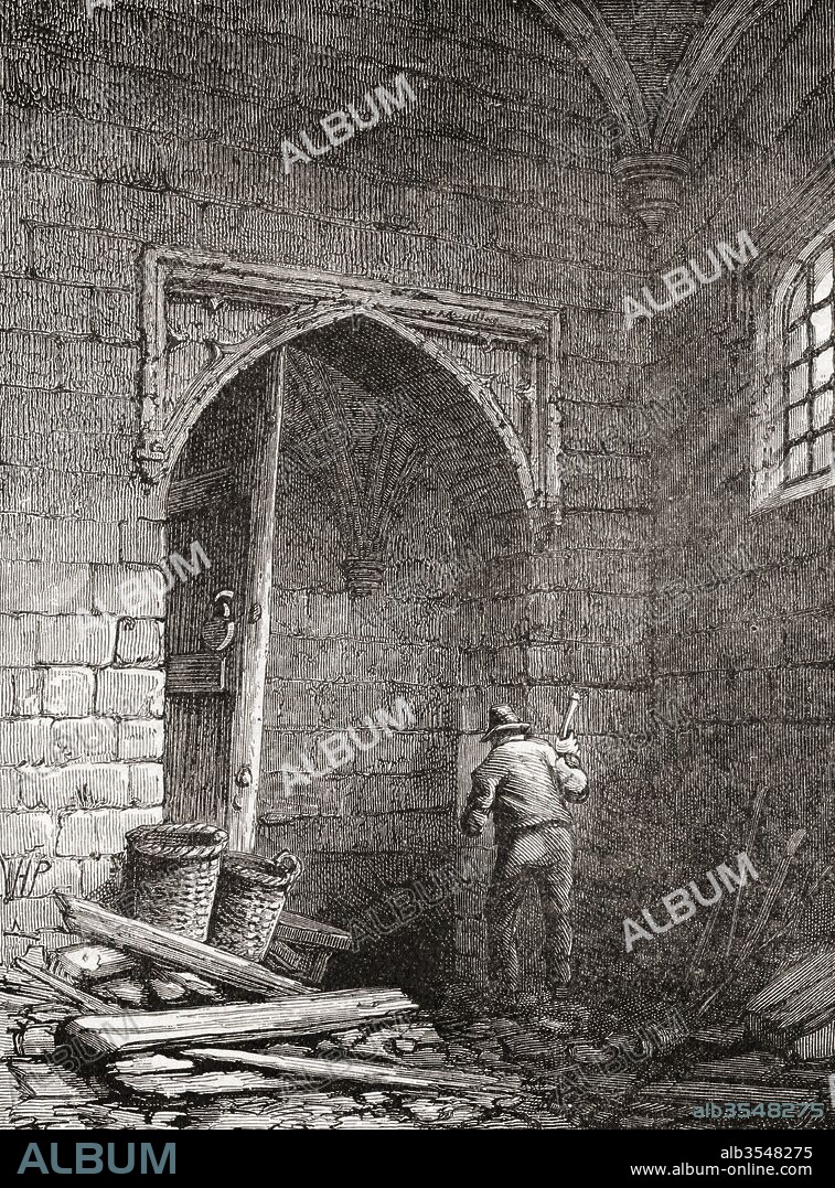The cellar where Guy Fawkes and his accomplices placed gunpowder under Parliament House, London, England. Guy Fawkes, 1570 – 1606, aka Guido Fawkes, member of a group of provincial English Catholics who took part in The Gunpowder Plot of 1605, aka Gunpowder Treason Plot or the Jesuit Treason, a failed assassination attempt against King James I of England and VI of Scotland. The plot was to blow up the House of Lords during the State Opening of England's Parliament on 5 November 1605. From The Century Edition of Cassell's History of England, published 1901.