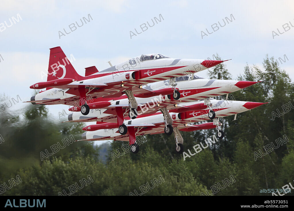 F-5 Freedom Fighter/Tiger II jet fighters of the Turkish Stars taking off at ARMY-2017 military forum, Kubinka, Moscow Region, Russia.