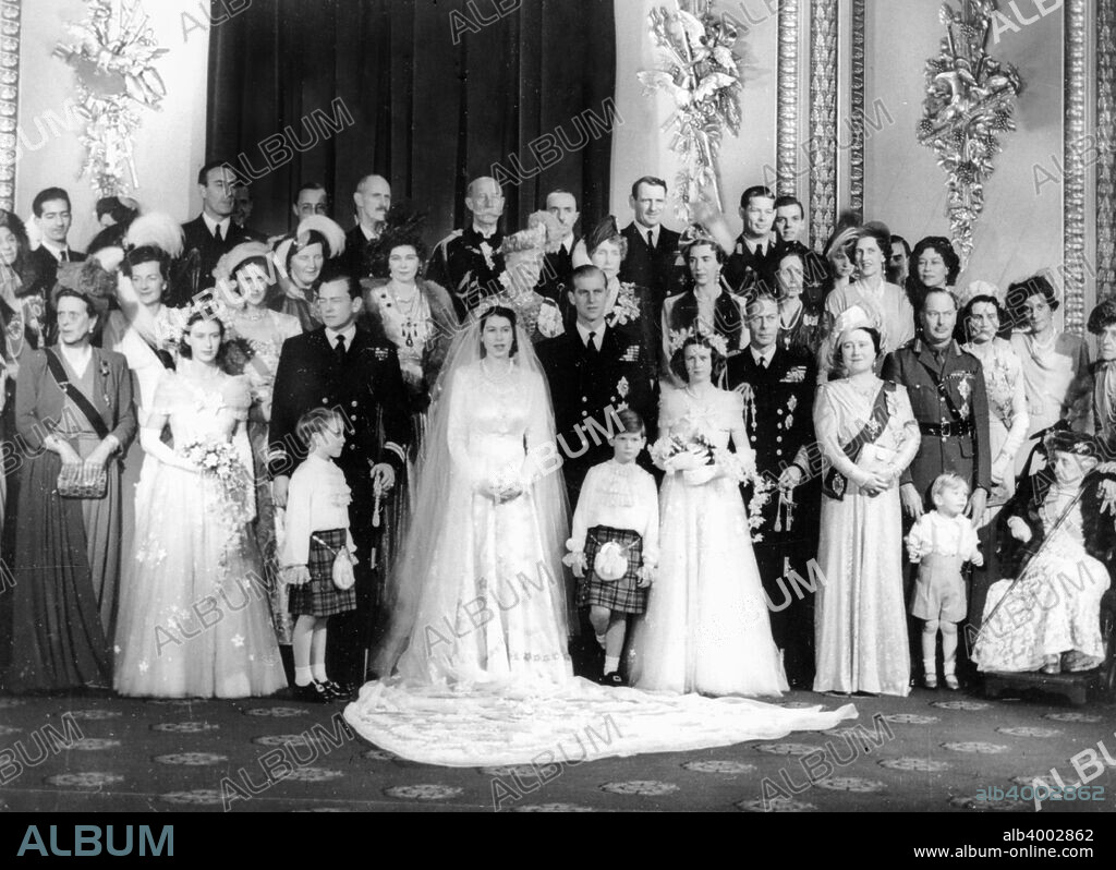 Queen Elizabeth II (b1926), Prince Philip (b1921) and other members of the Royal Family, 1947. Wedding photograph.