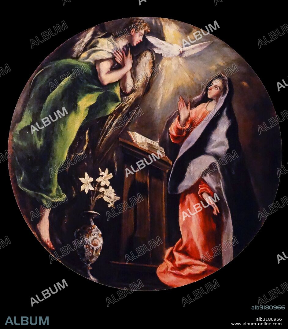 Painting depicting the "Annunciation" the Christian celebration of the announcement by the angel Gabriel to the Virgin Mary that she would conceive and become the mother of Jesus, the Son of God, marking his Incarnation. By El Greco.
