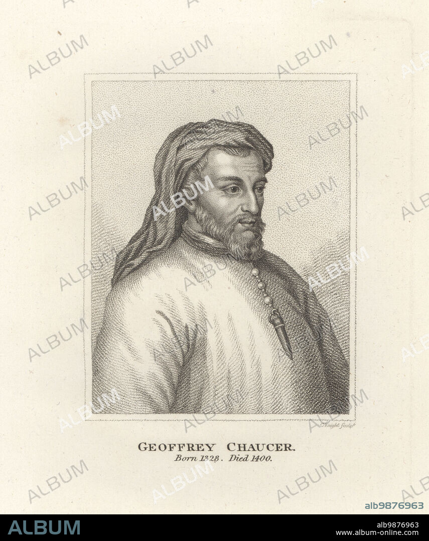 Geoffrey Chaucer, English author and poet, writer of The Canterbury Tales, first book publshed by printing press in England, 1328-1400. Copperplate engraving by Charles Knight from Samuel Woodburns Gallery of Rare Portraits Consisting of Original Plates, George Jones, 102 St Martins Lane, London, 1816.