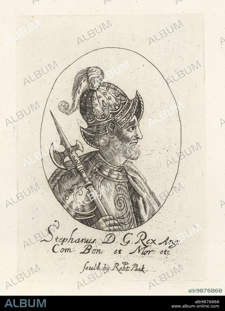 Stephen, King of England, c.1092-1154. Stephen of Blois, Count of Boulogne and Duke of Normandy. In plumed helmet, suit of plate armour, fur cape, holding a battle axe. King Stephen of England. From William Faithorne's set of Kings. Stephanus DG Rex Ang Com Bon et Mor etc. Copperplate engraving from Samuel Woodburns Gallery of Rare Portraits Consisting of Original Plates, George Jones, 102 St Martins Lane, London, 1816.