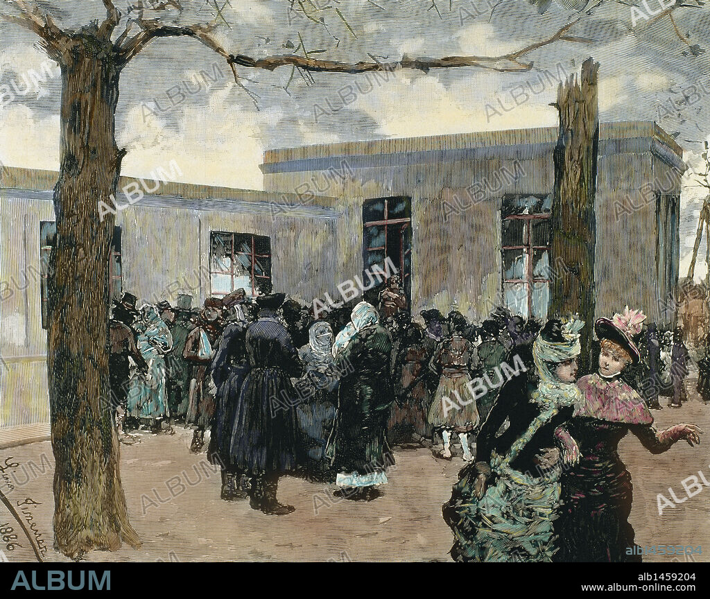 PASTEUR, Louis (Dôle,1822-Villeneuve-l'Etang,1895) Químico y bacteriólogo francés. En 1895 fue aplicada por primera vez con éxito en un ser humano, una técnica de vacunación repetida contra la rabia. "DESCUBRIMIENTO DE LA VACUNA DE LA RABIA POR EL DR. PASTEUR. EXTERIOR DEL MISMO LABORATORIO EN PARIS A LA HORA DE REUNIRSE LOS ENFERMOS". Dibujo del natural por Luis Jiménez. Grabado coloreado.