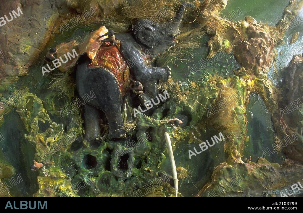 MAQUETA DEL YACIMIENTO PALEONTOLOGICO DE TORRALBA AMBRONA. DESCUARTIZANDO A UN MAMUT. PALEOLITICO. (DEPOSITO: MUSEO ARQUEOLOGICO NACIONAL).