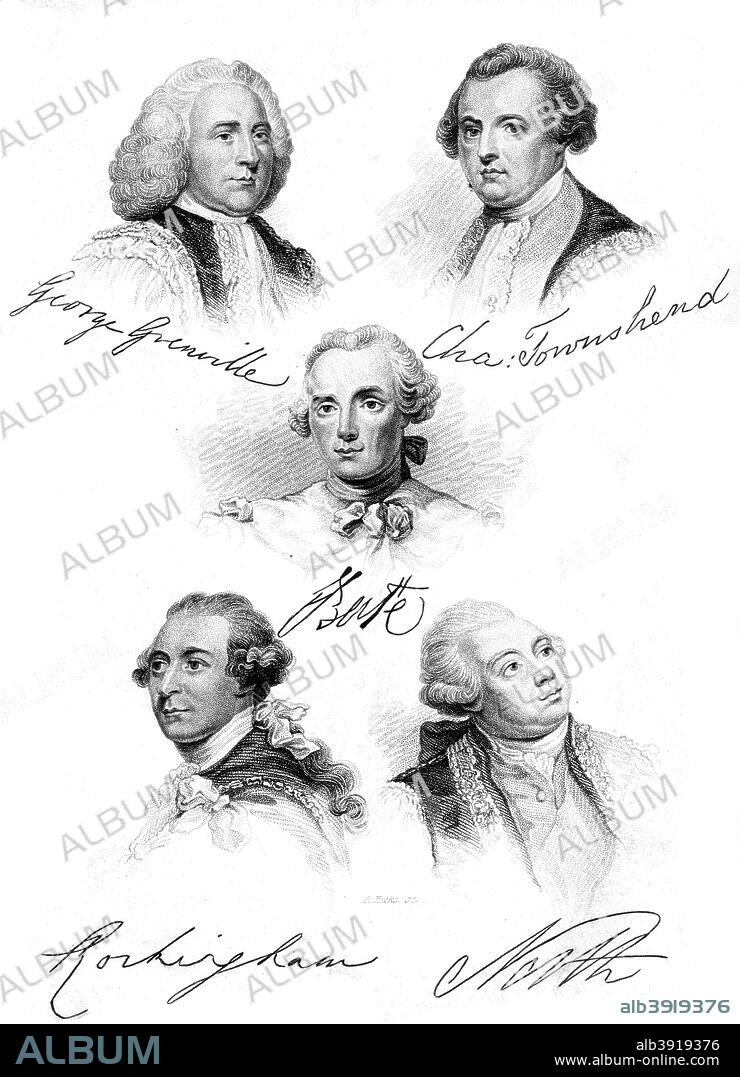 British politicians and prime ministers, 1837. Featured are George Grenville, John Stuart, Charles Watson-Wentworth, Lord North and Thomas Townshend.