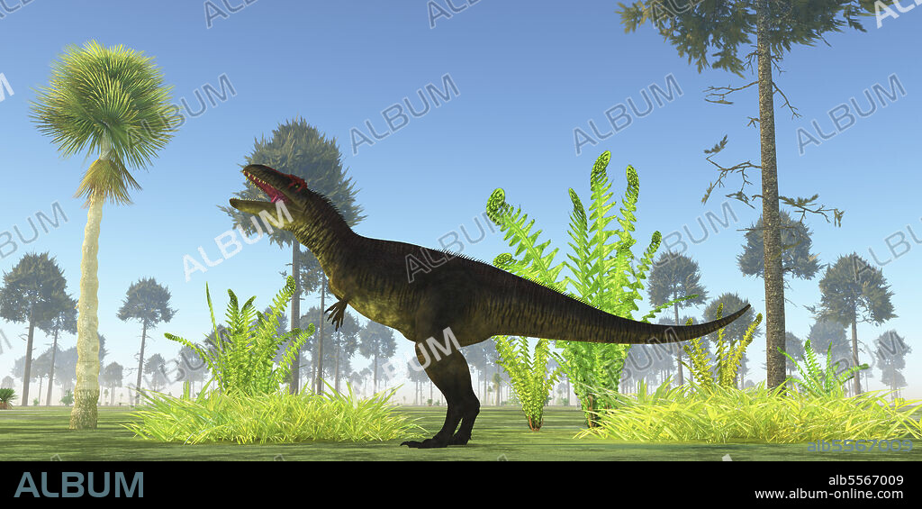 Tyrannotitan dinosaur in its prehistoric habitat. Tyrannotitan was a carnivorous theropod dinosaur that lived in Argentina during the Cretaceous Period.