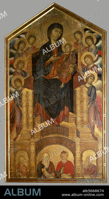 GIOVANNI CIMABUE. Cimabue, real name Cenni di Pepo, traceable between 1272 and 1302. "Maesta" (Enthroned Madonna & Child). 1272-74. On wood, 385 × 225cm. Florence, Galleria degli Uffizi.