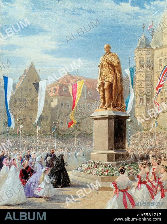 Victoria, Königin von Großbritannien und Irland (1837-1901); 1819-1901. "Die Enthüllung der Statue des Prinzgemahls in Coburg am 26. August 1865" (Durch Queen Victoria und ihre Kinder; Statue von William Theed). Aquarell, 1865, von George Housman Thomas (1824-1868). 44,5 × 34,6 cm. RL 14747; DM 5542. Windsor, Castle, Royal Library.