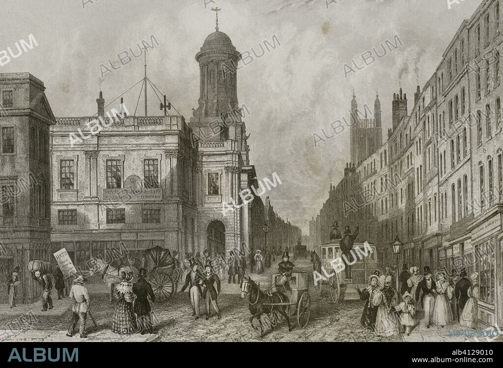 Reino Unido. Inglaterra. Londres. El antiguo edificio de la Royal Exchange (Bolsa de Comercio) y Cornhill. Ambiente bullicioso de Cornhill con el antiguo edificio de la Royal Exchange anunciando la compañia de seguros de vida "Royal Exchange". Las instalaciones de Allison, Knight & Co., sastres, en 16 Cornhill se muestran claramente en el extremo derecho. Grabado por John Woods (fl.1835-1855) a partir de un dibujo original de Thomas Hosmer Shepherd. "London and Its Environs", h. 1840 (Londres y sus Alrededores). Biblioteca Histórico Militar de Barcelona, Cataluña, España.