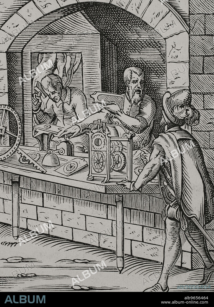 JOST AMMAN (1539-1591). SWISS-GERMAN ARTIST.. El Relojero. Taller. Grabado por Jost Amman. Siglo XVI. "Les Arts au Moyen Age et a l'Epoque de la Renaissance", por Paul Lacroix. París, 1877.