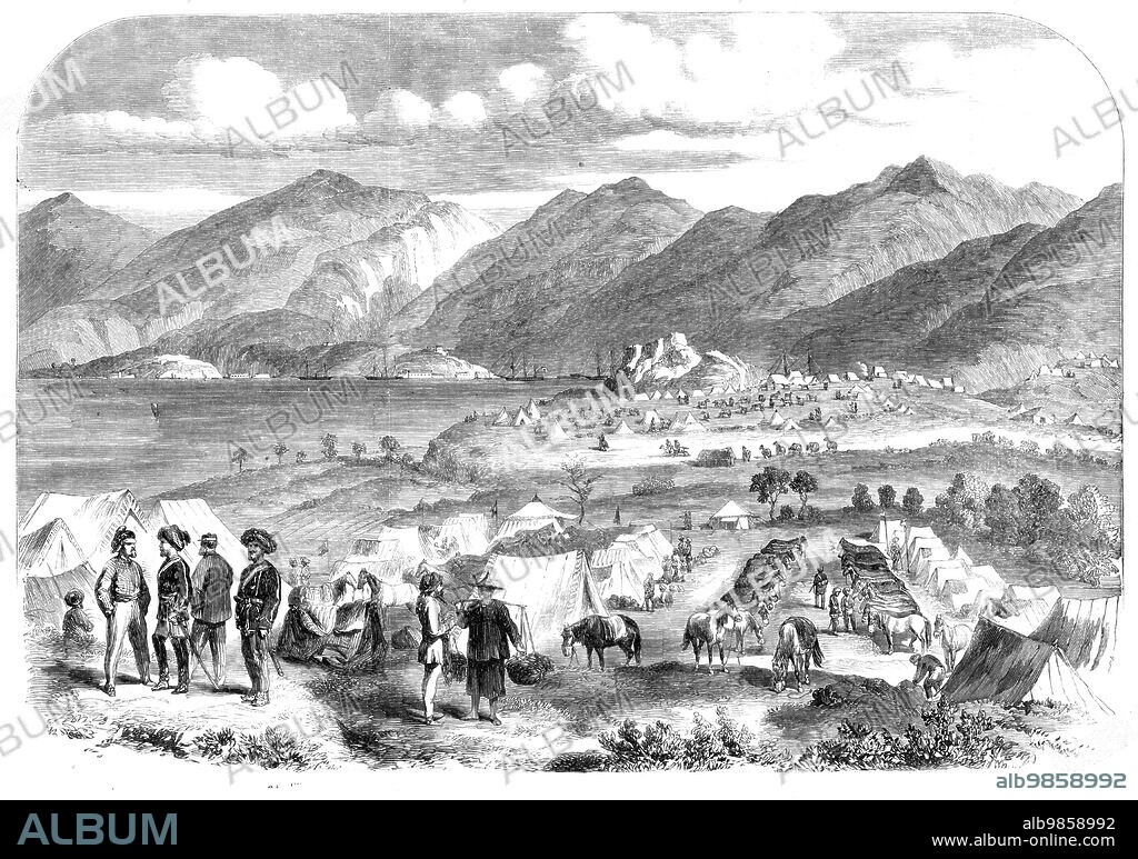 Camp of the Sikh Cavalry at Cowloong opposite Hong-Kong: Probyn's Horse and Fane's Horse - from a sketch by [Mr. Wirgman] our special artist in China, 1860. The British Indian Army in China. 'In the distance is part of the harbour of Hong-Kong, with the French fleet riding at anchor. The situation of this camp was very beautiful, and the atmosphere delightful - much cooler than at Hong-Kong. A correspondent speaks thus of our light cavalry in China:..."Both men and beasts are in splendid condition. Indeed, out of 1689 horses there are but 40 sick...Probyn and Fane started nearly at the same time from Cawnpore and Lucknow to embark at Calcutta. They marched one against the other and performed the distance - 700 miles - in less than a month"...The Times correspondent writes as follows of the Sikh Irregulars in China "Why do not the military authorities utilise these Sikh Irregulars elsewhere than in India ? They have no prejudices of caste or race; they will eat and drink whatever you give them, are hardy and robust, accustomed to a climate much like our own, and, when properly looked after, not inordinately given to loot. Their conduct here has been exemplary, and they are the very men for outpost and picket duty".' From "Illustrated London News", 1860.