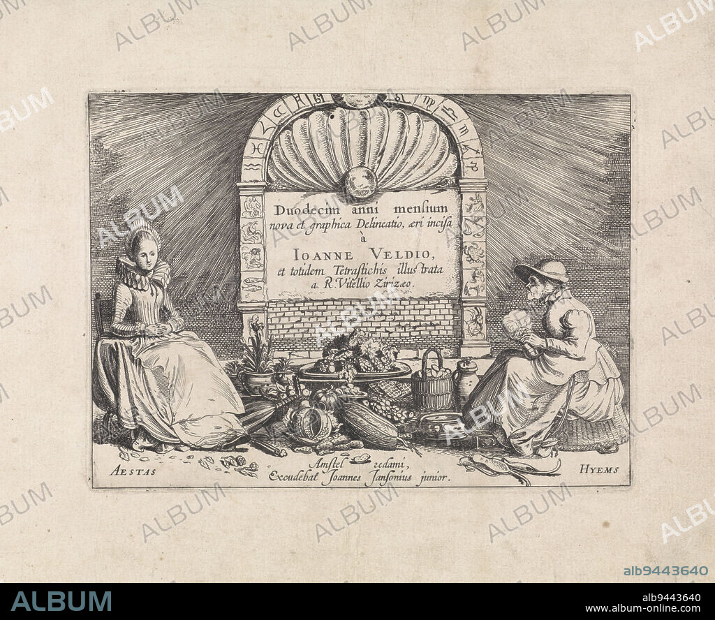 The personification of summer (left) and winter (right), with food and attributes belonging to them. Near the young woman, representing summer (aestas) a lute, flowers and plants. By the old woman, representing winter (hyems) skates a footstool and a warm pot in her hands. In the center grapes, pumpkins and wafers. Behind it an arch on which are the symbols of the constellations and in the center the title. Title-print for a series of twelve months, Personifications of summer and winter near an arch with constellations The twelve months (series title) Duodecim anni mensium (series title on object), print maker: Jan van de Velde (II), (mentioned on object), Jan van de Velde (II), (mentioned on object), Reinier Telle, (mentioned on object), Amsterdam, 1608 - 1618, paper, etching, h 158 mm × w 216 mm.