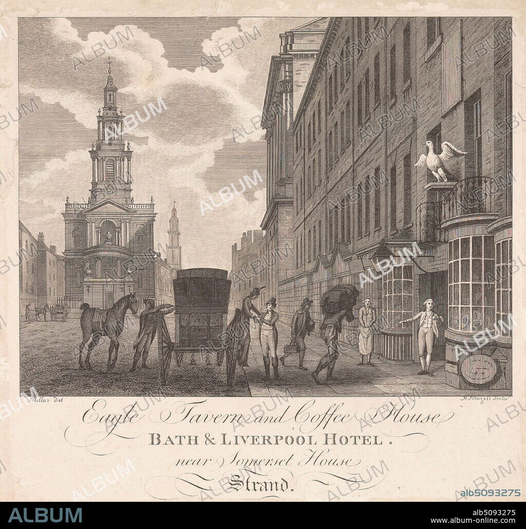 Eagle Tavern and Coffee House near Somerset House, Peter Mazell, active 17611797, Irish, after James Millar, ca.17351805, British, undated, Engraving on slightly textured, medium, white wove paper, Sheet: 7 3/4 × 8 1/16 inches (19.7 × 20.5 cm), architectural subject.