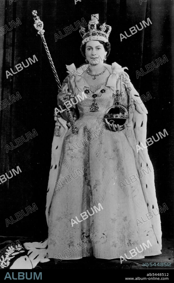 Her Majesty, The Queen -- Queen Elizabeth II wears the Imperial Crown and coronation robes as she poses in the Throne Room of Buckingham Palace yesterday following coronation ceremonies. The young monarch holds the Scepter with Cross in her right hand and the Orb in her left hand. June 03, 1953. (Photo by AP Wirephoto).