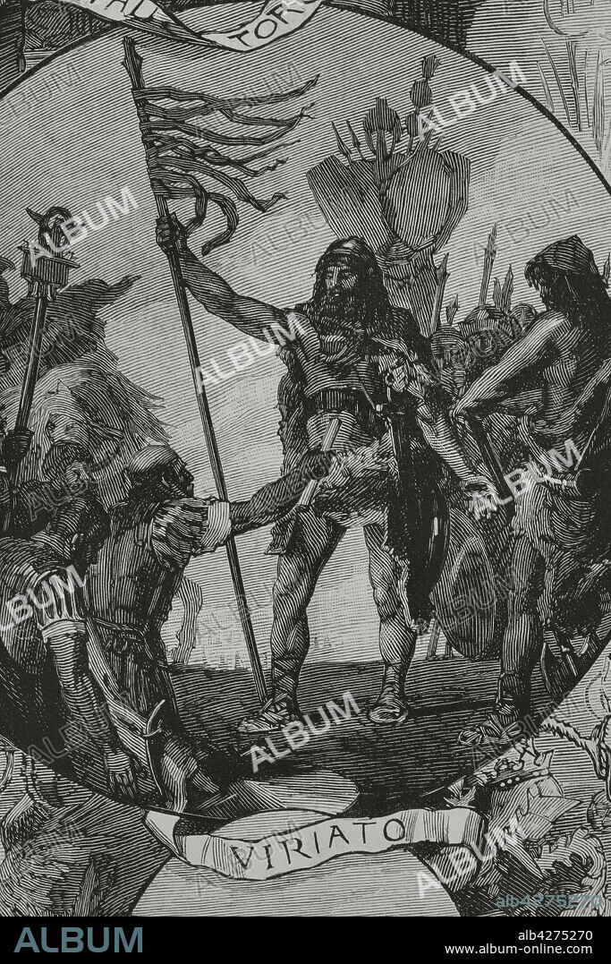 Viriato o Viriathus (m. 139 a.C.). Líder de la tribu de los lusitanos que se enfrentó a la expansión del imperio romano en Hispania. Dibujo del autor, Ramón Padró. Pinturas decorativas en el salón de sesiones del Palacio de la Diputación de Zamora. Grabado. La Ilustración Española y Americana, 30 de septiembre de 1882.