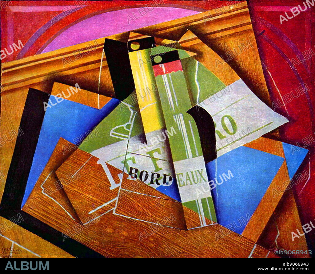 Still life painting with Bordeux bottles. Painted in the Synthetic-Cubist style by Juan Gris. Completed in 1915. Oil on canvas. Juan lived between 23 March 1887 and 11 May 1927.
