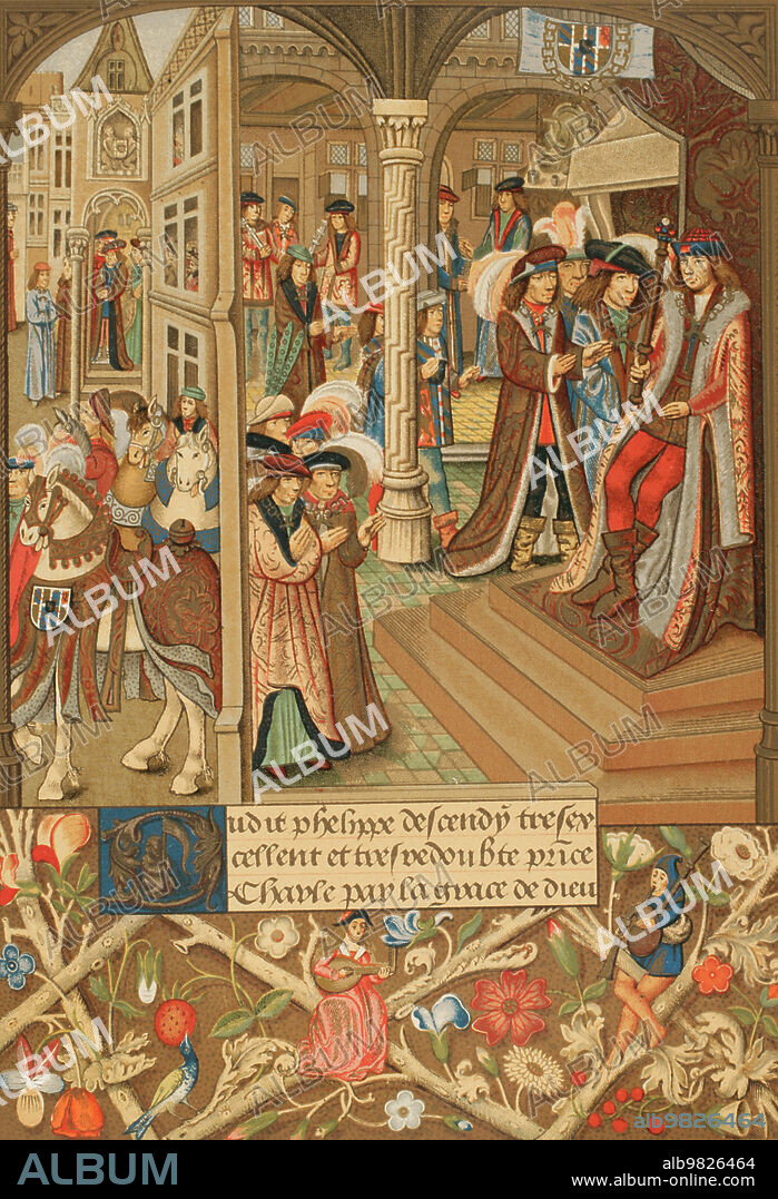 Carlos I de Borgoña (1433-1477) "el Temerario". Duque de Borgoña. Carlos el Temerario y su corte. Cromolitografía a partir de una miniatura de las "Chroniques abrégées des Anciens Rois et Ducs de Bourgogne". "Vie Militaire et Religieuse au Moyen Age et à l'Epoque de la Renaissance". París, 1877.
