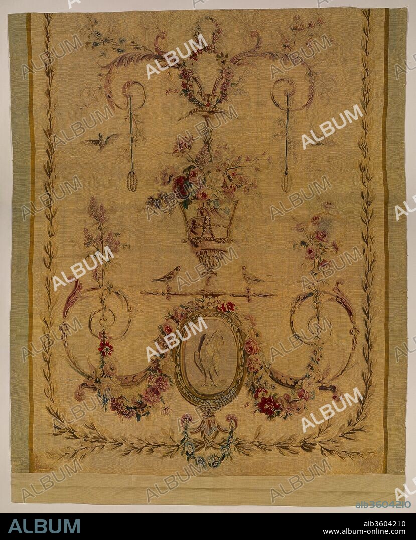 Back panel for a bed (Lit à la duchesse en impériale). Culture: French, Beauvais. Dimensions: Overall: H. 99 1/2 × W. 72 in. (252.7 × 182.9 cm). Factory: Tapestry made at Beauvais. Date: ca. 1780-90.
As its full-size domed canopy is suspended from the ceiling rather than supported on posts, this tester bed, which bears the stamp of the menuisier Georges Jacob, is a type called lit à la duchesse en impériale. Its original but now fragile hangings, woven in 1782-83 at the Beauvais tapestry manufactory after designs by Jean-Baptiste Huet (1745-1811), have been replaced by modern silk damask, except for the lining of the interior dome. French eighteenth-century beds tended to be lofty, as it was customary to pile them with three or more mattresses filled with straw, wool, horsehair, or feathers. Tobias Smollett (1721-1771) noted in 1766, "French beds are so high, that sometimes one is obliged to mount them by the help of steps."[1]
The custom of receiving visitors while reposing in a large and elegantly fitted out bed was practiced in France during the eighteenth century mostly by aristocratic women. The Museum's imposing piece of furniture with its exquisitely carved floral decoration, the work of an unknown carver, must have formed a splendid backdrop for such official calls or congratulatory visits. In 1791 the bed is documented as standing in the large bedchamber of Guyonne-Marguerite de Durfort de Lorge, duchesse de Choiseul-Praslin (1737-1806), at her Parisian home, the Hôtel de Belle Isle. Following the turmoil of the Revolution and the political changes of the early nineteenth century, the bed was sold in Paris in 1830. It became part of the famous collections at Hamilton Palace, South Lanarkshire, Scotland, the residence of Alexander Hamilton Douglas, tenth Duke of Hamilton (1767-1852), where it was placed in one of the state rooms. The duke's grandson sold the contents of the palace, including the bed, at a highly anticipated auction that took place in 1882. Through the intermediation of several dealers, the bed was acquired in 1897 by the financier and railroad executive George J. Gould (1864-1923). His wife, the former actress Edith M. Kingdon (1864-1921), used it in her bedroom of their New York town house.
[Daniëlle Kisluk-Grosheide, 2010]
Footnotes:
[1] Tobias George Smollett. Travels through France and Italy. London, 1766. New ed.: Introduction by James Morris. Travellers' Classics 11. Fontwell, Sussex, 1969, p. 43.