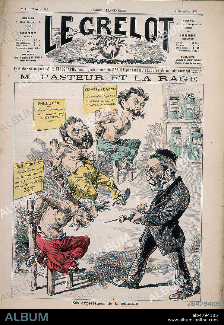 Caricature representant Pasteur s'appretant a vacciner trois 'enrages': Henri Rochefort, Granier de Cassagnac et Emile Zola: 'M. Pasteur et la rage: ses experiences de la semaine.' in Le Grelot du 08/11/1885. Credit: Collection Kharbine-Tapabor.