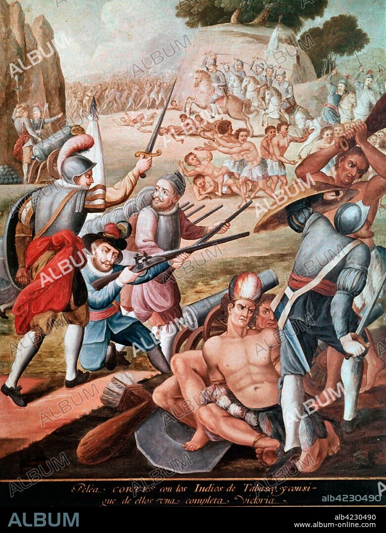 CORTES, HERNAN CONQUISTADOR ESPAÑOL. MEDELLIN 1485-1547 " CORTES VENCE A LOS INDIOS DE TABASCO ", DE LA SERIE "CONQUISTA DE AMERICA" MUSEO DE AMERICA. MADRID.