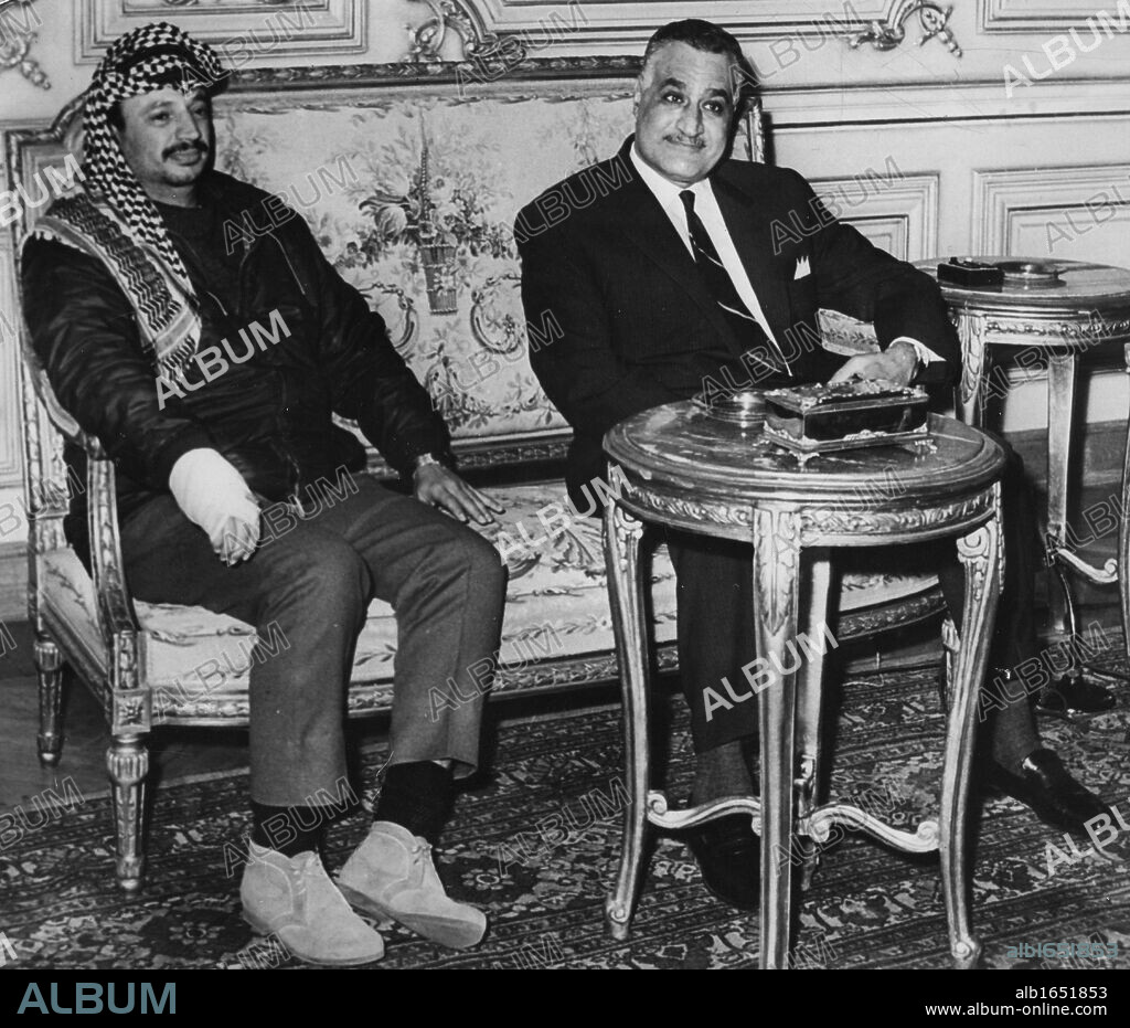 Gamal Abdul Nasser (1918-1970) President of Egypt, with Yasser Arafat (1929-2004) Chairman of the Palestine Liberation Organisation (PLO) in Cairo, 1969.