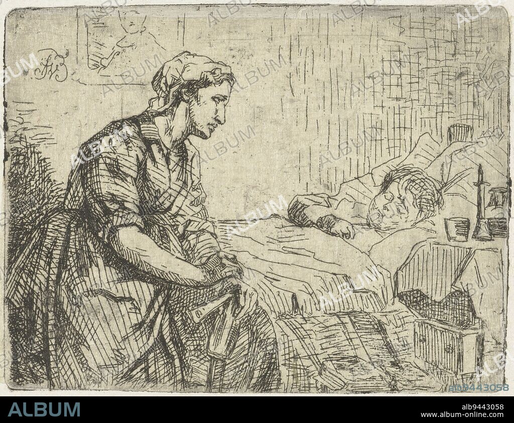 Woman beside bed with sick child, Fridolin Becker, 1840 - 1895, print maker: Fridolin Becker, (mentioned on object), Netherlands, 1840 - 1895, paper, etching, h 79 mm × w 103 mm.