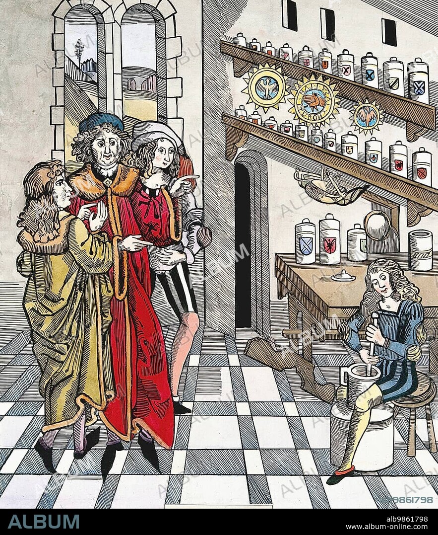 Interior view of an apothecary in the 17th century, France, Historic, digitally restored reproduction of an original of the time, Europe.
