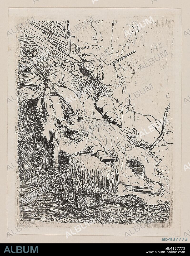 REMBRANDT HARMENSZOON VAN RIJN. The Small Lion Hunt (With One Lion). Rembrandt van Rijn; Dutch, 1606-1669. Date: 1623-1634. Dimensions: 151 x 115 mm (image); 158 x 118 mm (plate); 170 x 130 mm (sheet). Etching on paper. Origin: Holland.