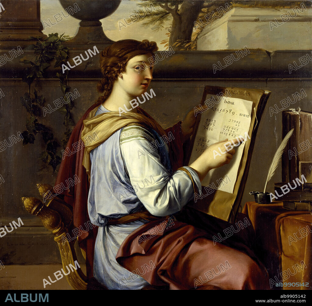 LAURENT DE LA HYRE. Allegory of Arithmetic, 1650. The importance of the intellect was often celebrated in representations of the Seven Liberal Arts: Grammar, Rhetoric, Logic, Geometry, Arithmetic, Astronomy, and Music. They could be personified as poised young women in a setting and clothing suggestive of ancient Greece, the homeland of Western abstract thought. On the book held by Arithmetic is the name of the Greek mathematician Pythagoras, while on the worksheet are the primary mathematical functions: addition, subtraction, and multiplication.
