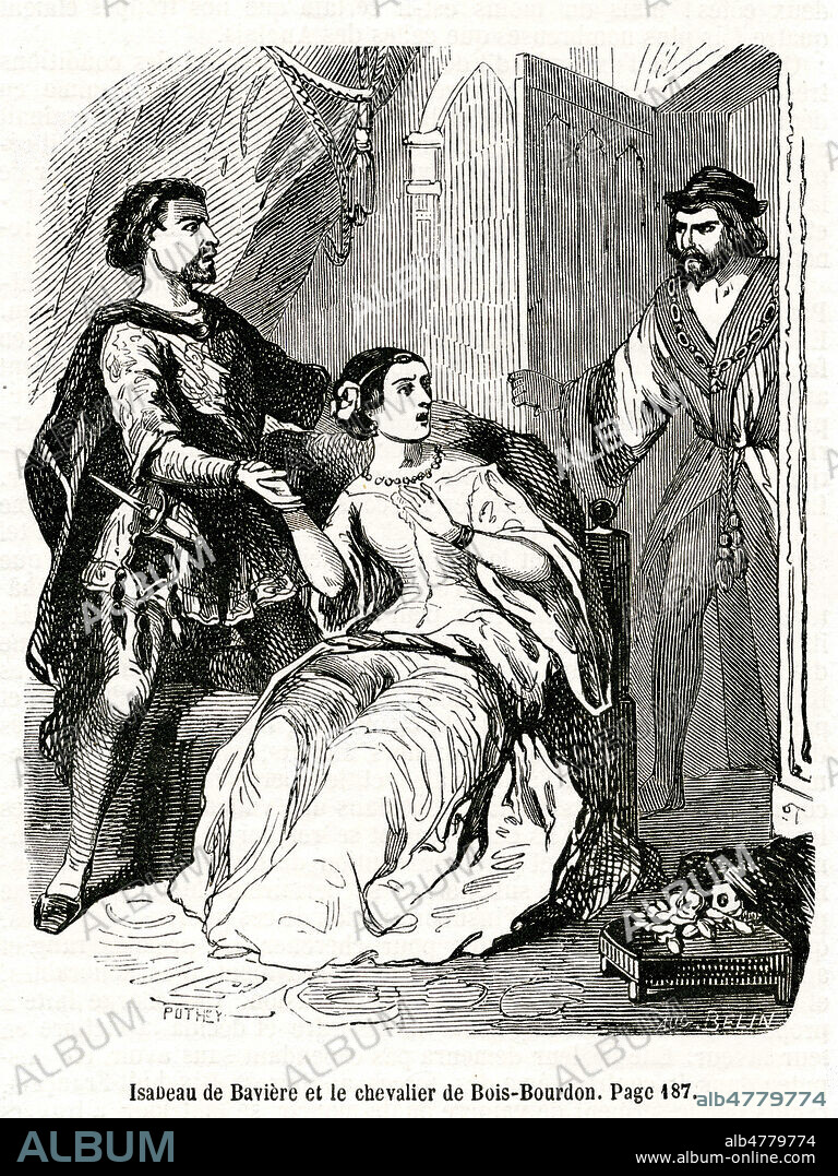 ISABEAU DE BAVIERE et son amant le chevalier de BOIS-BOURDON sont surpris par CHARLES VI (1368-1422). Illustration de 1852 par pour Histoire de France par Louis Pierre ANQUETIL (1723-1808). Credit : Coll. Jonas/Kharbine-Tapabor.