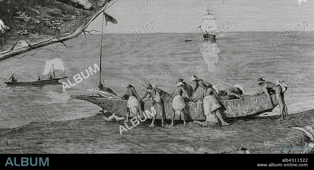EUGENIO ALVAREZ DUMONT (1864-1927). SPANISH PAINTER. TOMÁS CARLOS CAPUZ (1834-1899). SPANISH ENGRAVER.. Guinea Española. Territorio controlado por España desde 1778 en el Golfo de Guinea. Obtuvo la independencia en 1968. El nuevo país se denominó Guinea Ecuatorial. Isla de Fernando Poo (Bioko en la actualidad). Bahía de la Concepción. Bubis botando al agua una canoa. Dibujo de E. Alvarez Dumont. Grabado por Capuz. La Ilustración Española y Americana, 1883.