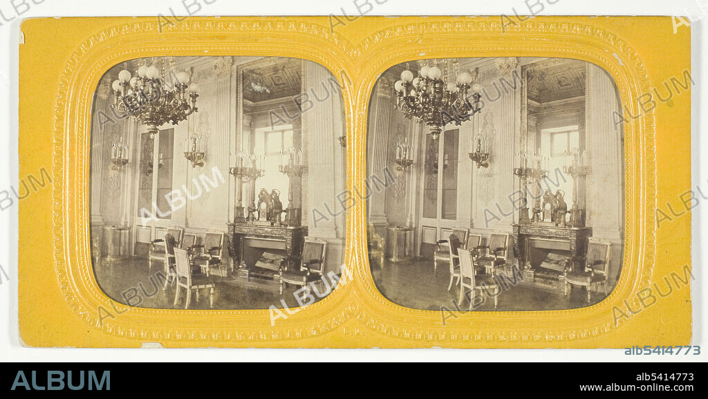 Salon de la Colonne, 1875/99. [Interior with over-mantel mirror and chandelier, possibly in the Tuileries Palace, Paris]. Albumen print, stereocard.
