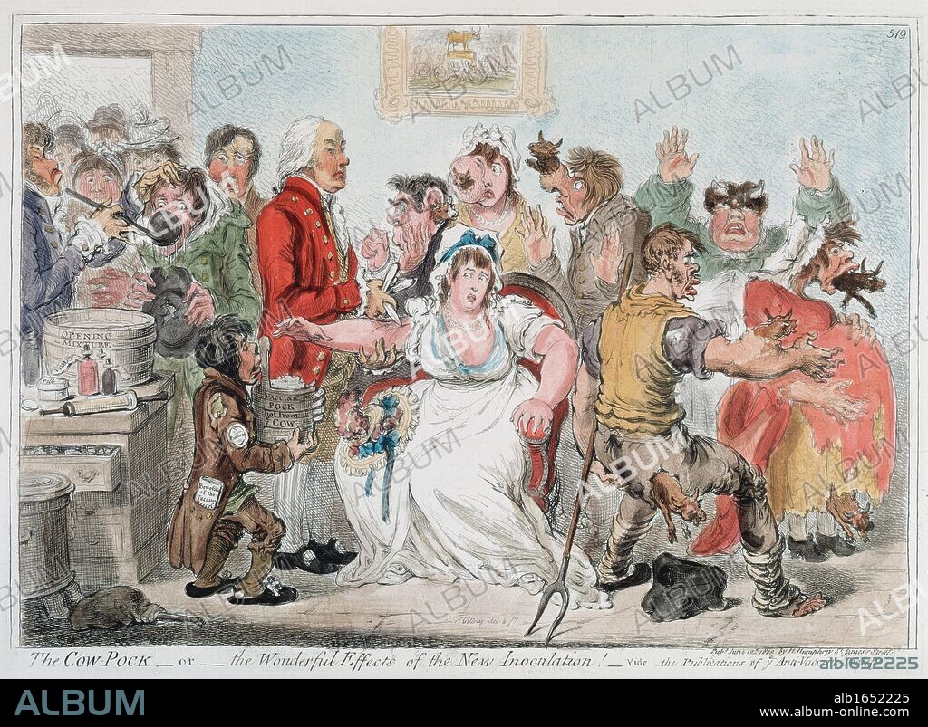 Gillray cartoon on vaccination against Smallpox using Cowpox serum, 1802. In 1796 the English physician Edward Jenner (1749-1823) proved efficacy of practice, but opposition continued for a while. Hand-coloured engraving.
