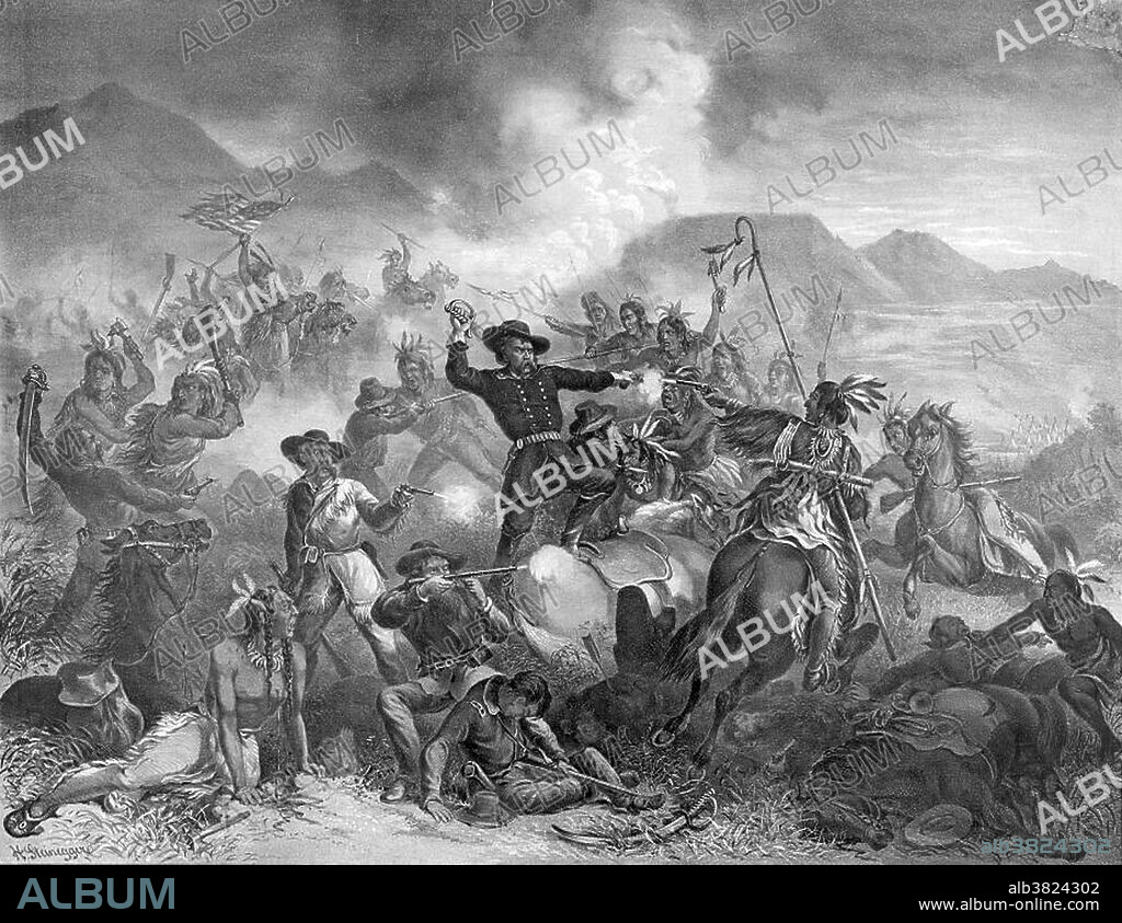 Engraving entitled: George Armstrong Custer, "The Battle on the Little Big Horn River. The death struggle of General Custer" . George Armstrong Custer (1839-1876) was a United States Army officer and cavalry commander in the Civil War and the Indian Wars. Custer graduated last in his class at West Point in 1858. Custer developed a strong reputation during the Civil War. He fought in the First Battle of Bull Run. He and his troops played a decisive role in the Appomattox Campaign where Custer witnessed Lee's surrender. After the Civil War, Custer was dispatched to the West to fight in the Indian Wars. Custer was court-martialed in 1867 for being AWOL, after having abandoned his post to see his wife. He was suspended from duty for one year. The overwhelming defeat in his final battle overshadowed his achievements in the Civil War. Custer was defeated and killed at the Battle of the Little Bighorn in 1876, fighting against a coalition of Native American tribes in a battle that has come to be known as "Custer's Last Stand".