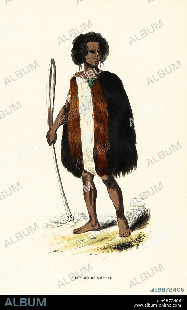 Maori warrior of Souraki (Hauraki Gulf), North Island, New Zealand. He has face tattoos or Ta moko, wears a striped cloak and holds a broad-bladed paddle. Guerrier de Souraki ou Chouraki. Adapted from an illustration by Louis Auguste de Sainson in Dumont dUrvilles Voyage de la corvette lAstrolabe. Handcoloured woodcut by Pannemaker after de Sainson from Auguste Wahlen's Moeurs, Usages et Costumes de tous les Peuples du Monde, (Manners, Customs and Costumes of all the People of the World) Librairie Historique-Artistique, Brussels, 1845.