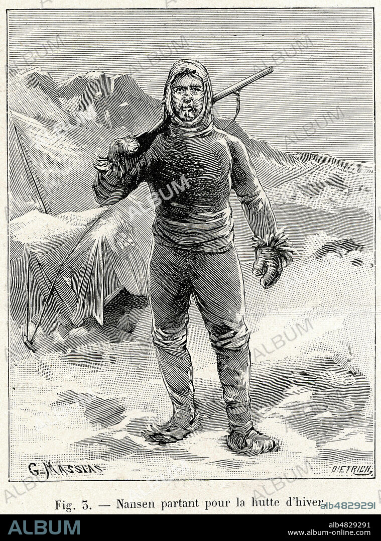 'Nansen partant pour la hutte d'hiver'. Expedition de Nansen a l'Archipel Francois-Joseph. Illustration par Massias tiree de la revue La Nature du 16 janvier 1897. Credit : Collection KHARBINE-TAPABOR.
