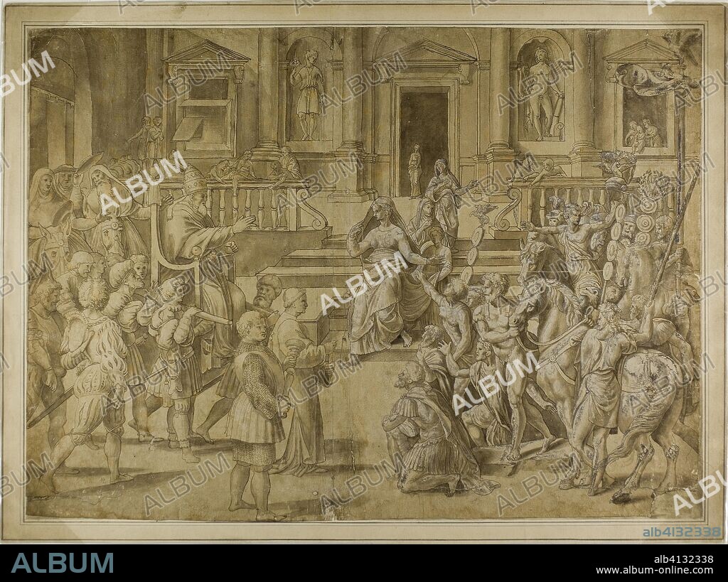 Pope Sylvester Blessing the Emperor Constantine. after Giulio Pippi, called Giulio Romano; Italian, c. 1499-1546. Date: 1519-1547. Dimensions: 412 x 560 mm (max.). Pen and brown ink with brush and brown wash, heightened with lead white (oxidized), on tan laid paper, laid down on card. Origin: Italy.