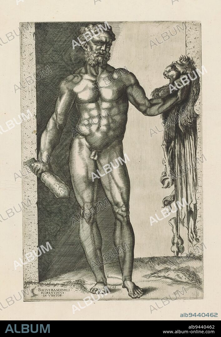 Hercules with the Head of the Nemean Lion, Hercules standing in a niche holding in his right hand a club and in his left hand the head and skin of the Nemean lion., print maker: anonymous, print maker: Sebastiano de'Valentinis, (possibly), after drawing by: Baccio Bandinelli, (mentioned on object), print maker: Veneto, after drawing by: Florence, 1548, paper, engraving, height 351 mm × width 228 mm, height 542 mm × width 410 mm.