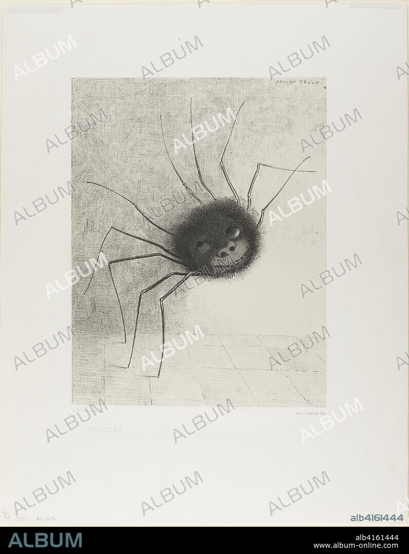 Spider. Odilon Redon; French, 1840-1916. Date: 1887. Dimensions: 280 × 217 mm (image/chine); 440 × 350 mm (sheet). Lithograph in black on cream China paper laid down on ivory wove paper. Origin: France.